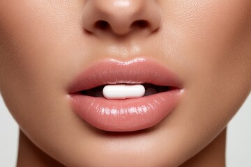 Close-up view of glossy pink lips holding a large white pill, showcasing vibrant beauty and intriguing contrasts in an artistic manner