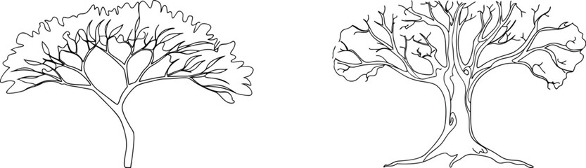 Line art illustrations of two trees in black and white depicting nature and growth