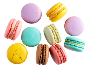 Top View of Scattered Macaroons with Crumbs and Bites, isolated on transparent background.