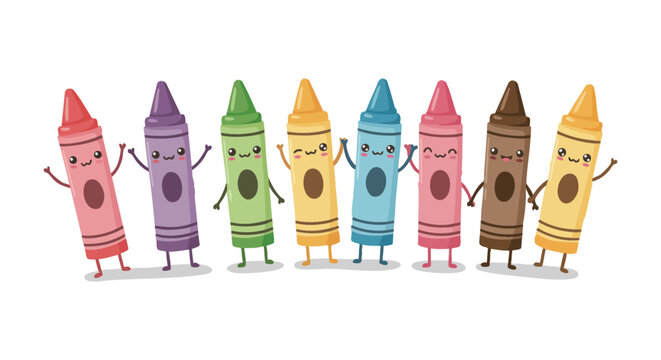 Group of colorful happy cartoon crayons with smiling faces and raised arms in playful arrangement 