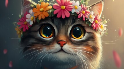 Cat with flower crown, close-up, cartoon, illustration generative ai