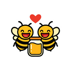 Cartoon Bees With Honey Jar and Heart Above