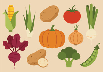 Fruits, vegetables and berries. Abstract geometric design. Banner template. Seamless pattern. Organic food. Set of simple icons in flat style Elements isolated on white background vector illustration.