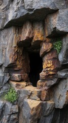A dark cave entrance surrounded by layered gray  brown rocks with vegetation on the sides
