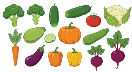 Fruits, vegetables and berries. Abstract geometric design. Banner template. Seamless pattern. Organic food. Set of simple icons in flat style Elements isolated on white background vector illustration.
