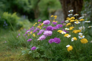 Obraz premium A field of mixed wildflowers predominantly purple yellow and white daisies in a lush natural setting with a soft blurred background