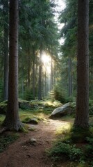 Obraz premium A forest path winding between tall trees illuminated by sunlight piercing through the canopy Mossy rocks dot the forest floor