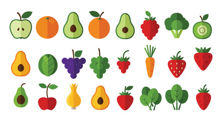 Fruits, vegetables and berries. Abstract geometric design. Banner template. Seamless pattern. Organic food. Set of simple icons in flat style Elements isolated on white background vector illustration.