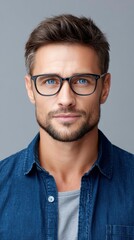 Obraz premium A man with blue eyes and stubble wears glasses and a denim shirt against a gray background