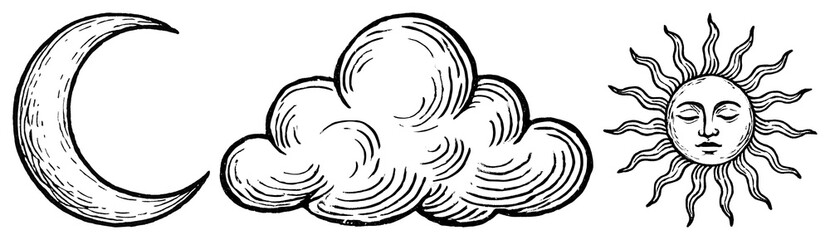 PNG Vintage illustration of a moon, cloud, and sun with face element set on transparent background.
