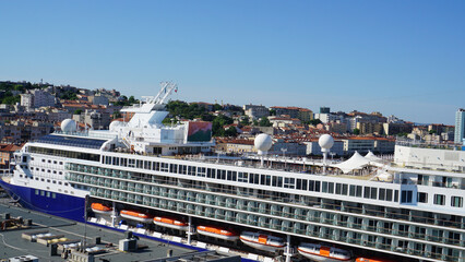 Big cruise ship docked at the cruise terminal at Trieste, Italy