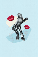 Collage of cute glamorous young woman surrounded by kiss lips elements representing romance and...