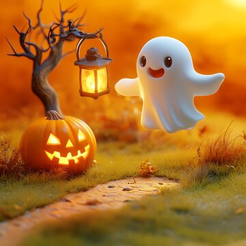A friendly ghost floats near a lit jack-o'-lantern.