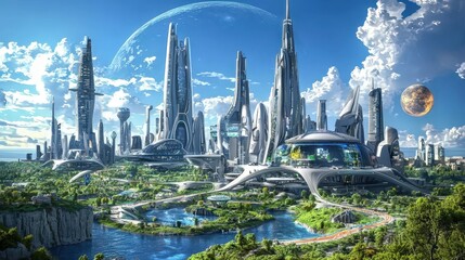 futuristic city skyline concept. Futuristic cityscape with tall structures and a serene water body.