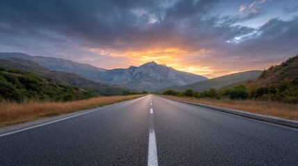 Naklejka premium A straight asphalt road stretching to distant mountains under a sunsetlit cloudy sky