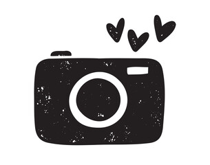cute love camera with hearts textured grunge retro silhouette icon doodle hand drawn. clipart symbol