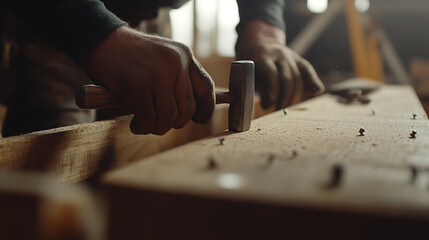Carpenter Using Hammer on Wooden Plank