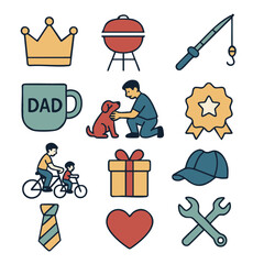 Father’s Day Flat Icon Set – Family, Sports, BBQ, and Gifts