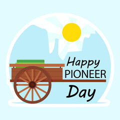 Happy Pioneer Day lettering and covered old wagon with mountains and sun in the background