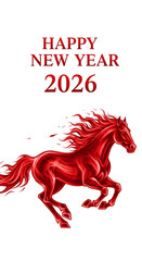 Red horse illustration with text greeting happy new year 2026  