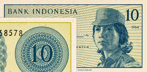 Fragment of a 10 sen banknote of Indonesia, 1964. Indonesian money. © Sergii