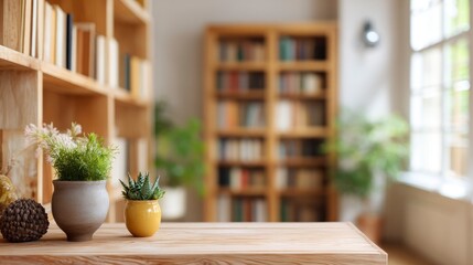 A wooden table holds two potted plants with a blurred bookshelf and window behind