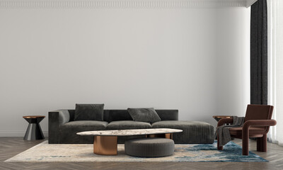 Home and living room with grey modern sofa mockup decoration and white wall texture background interior design. 3d rendeing