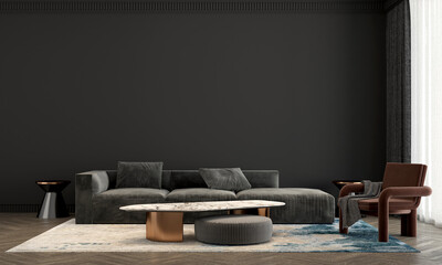 Home and living room with grey modern sofa mockup decoration and black wall texture background interior design. 3d rendeing
