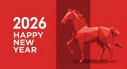Red polygonal horse with text celebrating new year 2026  