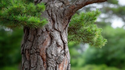 Obraz premium Close shot of a textured tree trunk with green needles set against a blurred green background