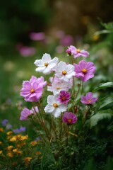 Cosmos flowers in white  pink with yellow centers amid green foliage against a blurred verdant background