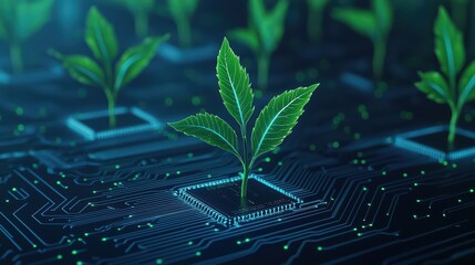 Plants growing from circuit board in technology and nature fusion concept for innovation and sustainability