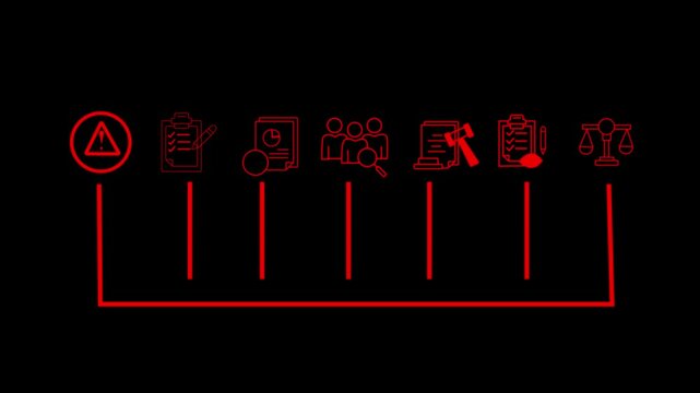 "Corporate Compliance and Risk Management Workflow &ndash; Neon Line Art Icons of Audit, Legal Review, Documentation, Team Oversight, and Governance in a Modern Process Flow Diagram"