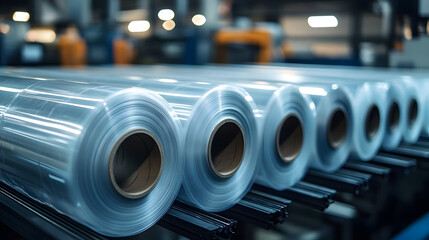 production of rolls of packaging films, factory for the production of rolls of plastic films, conveyor with packaging films,