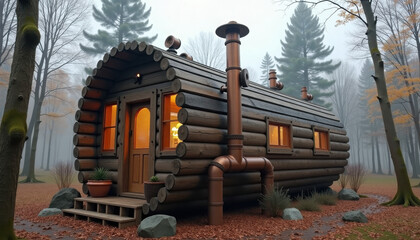 unique log cabin with rounded design in misty forest surrounded by autumn foliage
