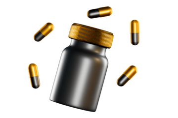 Black and gold supplement bottle surrounded by capsules floating in white space. 3d rendering