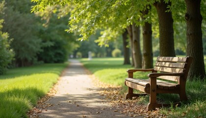 Fototapeta premium Wooden bench along pathway in sunny green park with trees 