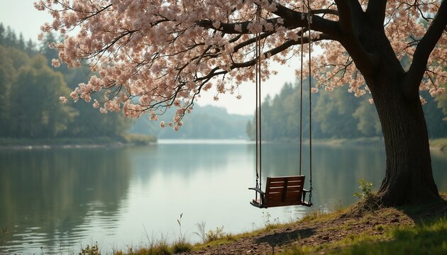 Swing hanging from cherry blossom tree by calm lake in spring  
