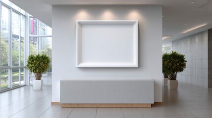 Lobby with a white frame on the wall above a concrete counter and plants on either side