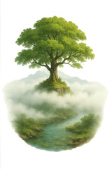 Green tree standing on the beach by the sea