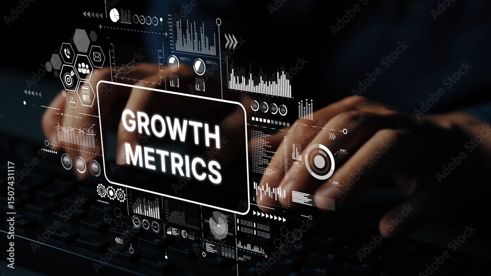 Poster business growth metrics on digital display with hands typing on keyboard in dark environment. asympt