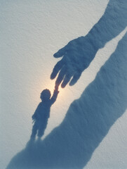 A child’s shadow reaches for a larger hand on snow, evoking warmth and trust.
