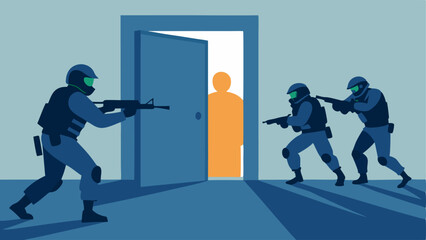 Dynamic Entry Drill An illustration showing officers in tactical gear breaching a door during a training exercise. One officer kicks the door while others prepare with their