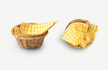 Food advertisement container,straw wicker decorated with yellow picnic cloth,checkered...