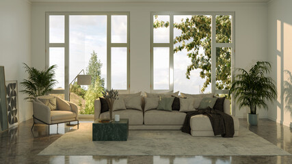 Large luxury modern bright interiors Living room mockup illustration 3D rendering image
