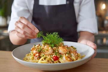 Pasta dish being garnished with herbs by a chef