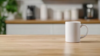 Blank white coffee mug on wooden table against blurred kitchen background for branding and product display