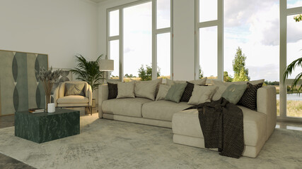 Large luxury modern bright interiors Living room mockup illustration 3D rendering image