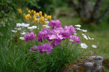 Obraz premium Purple flowers bloom amidst white and yellow flowers set against a blurred green background