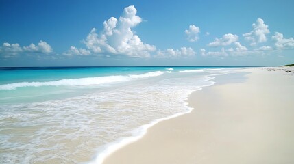 Pristine beach scene under a vibrant blue sky.
